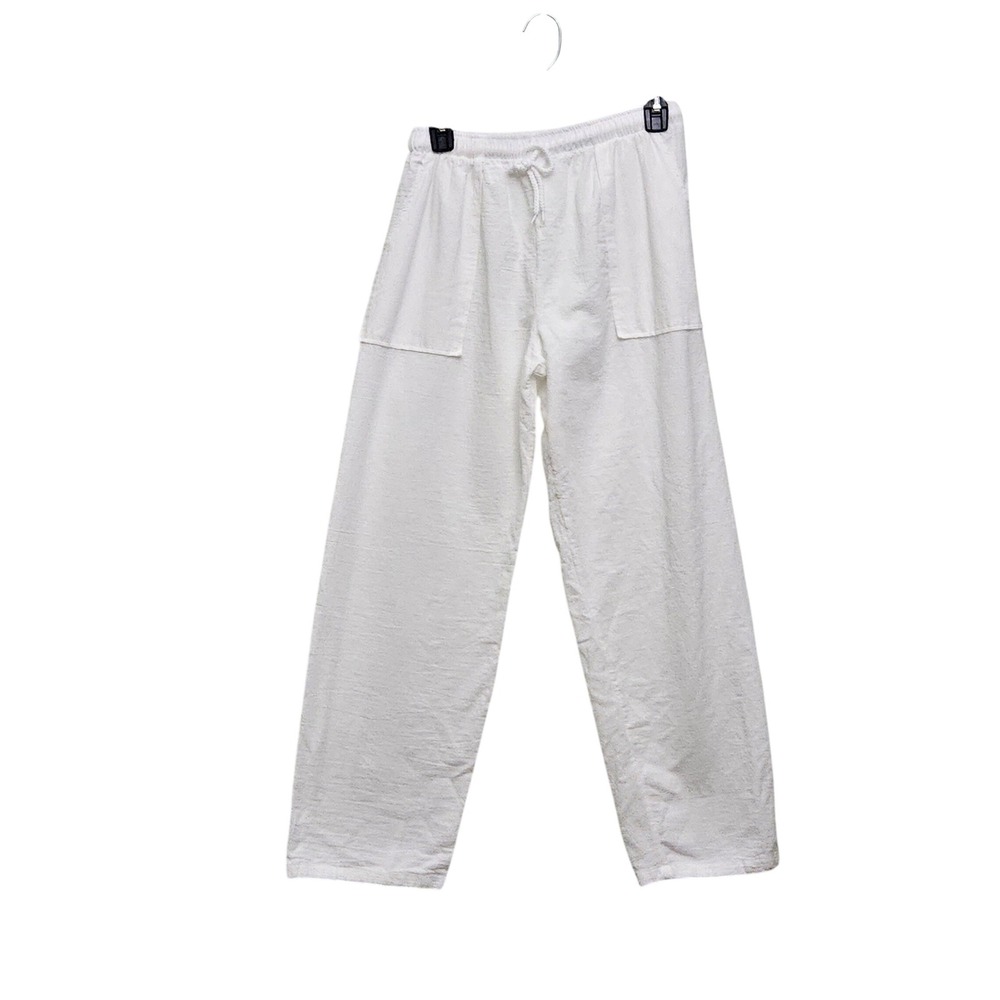 PP Thailand Pants Women L White Cotton Textured Drawstring Elastic Waist Boho